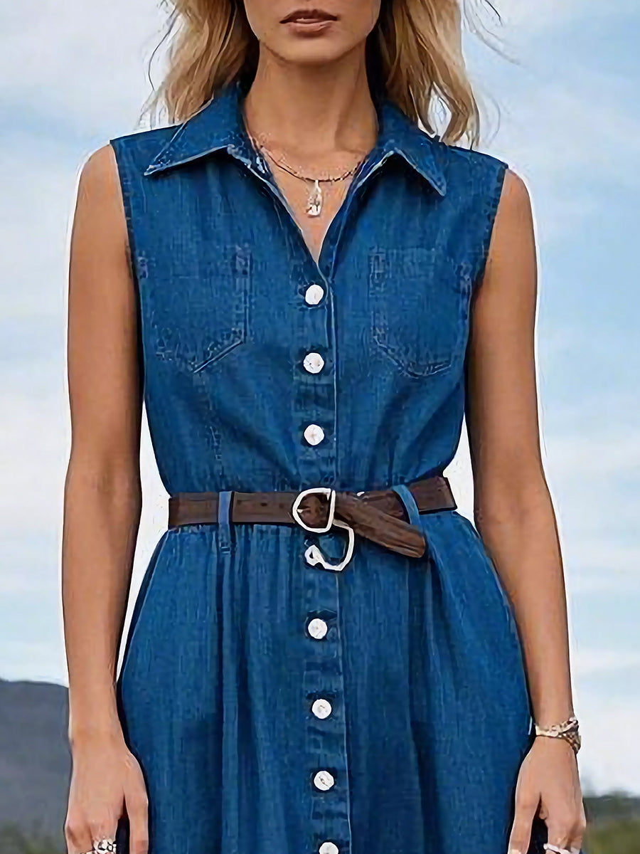Women's Retro Denim Maxi Dress With Ruffle Hem