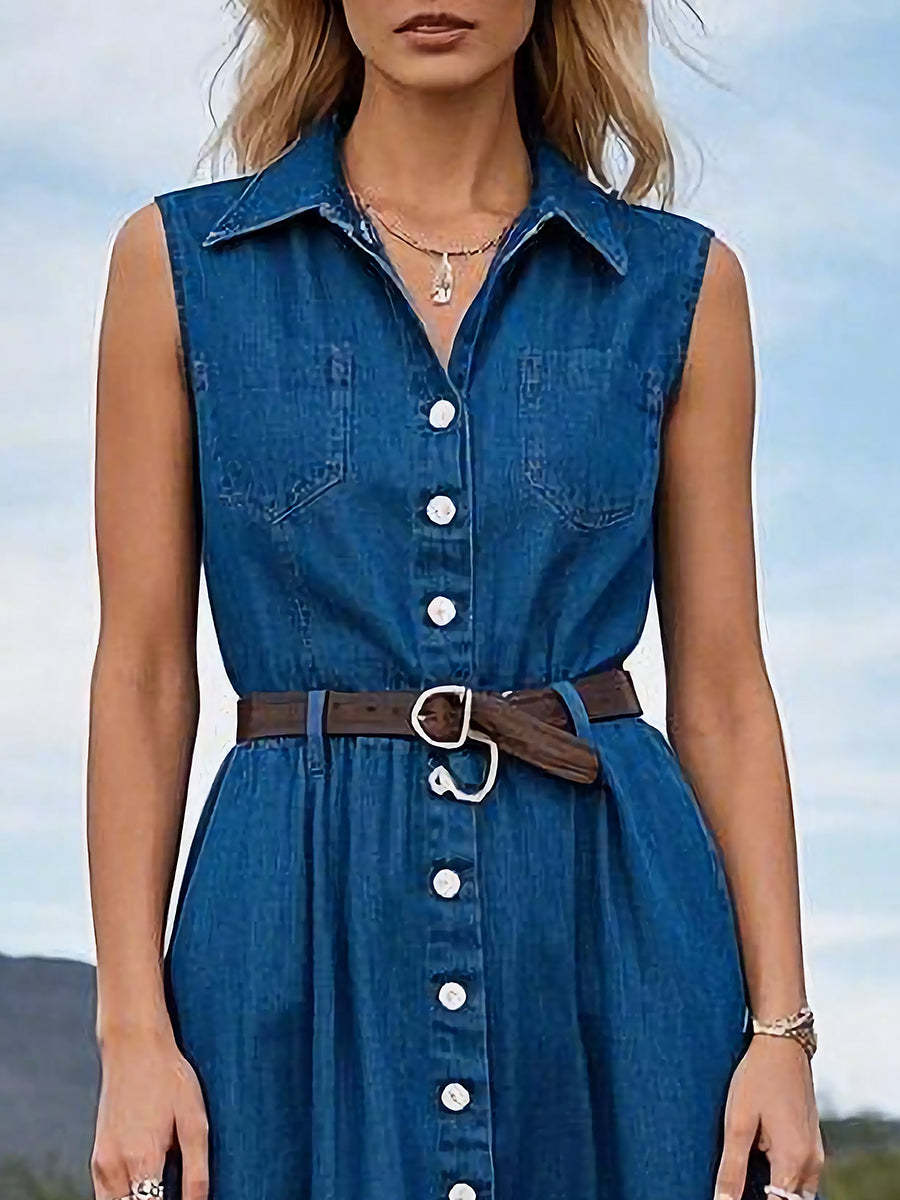 Women's Retro Denim Maxi Dress With Ruffle Hem