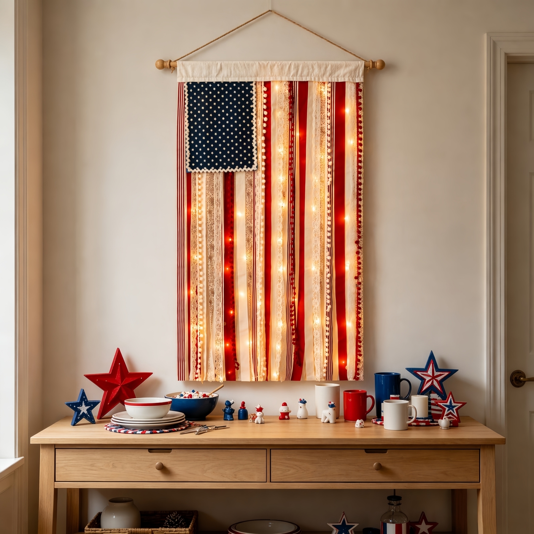 4 x 2.3 Ft Lighted Rag American Flag Banner