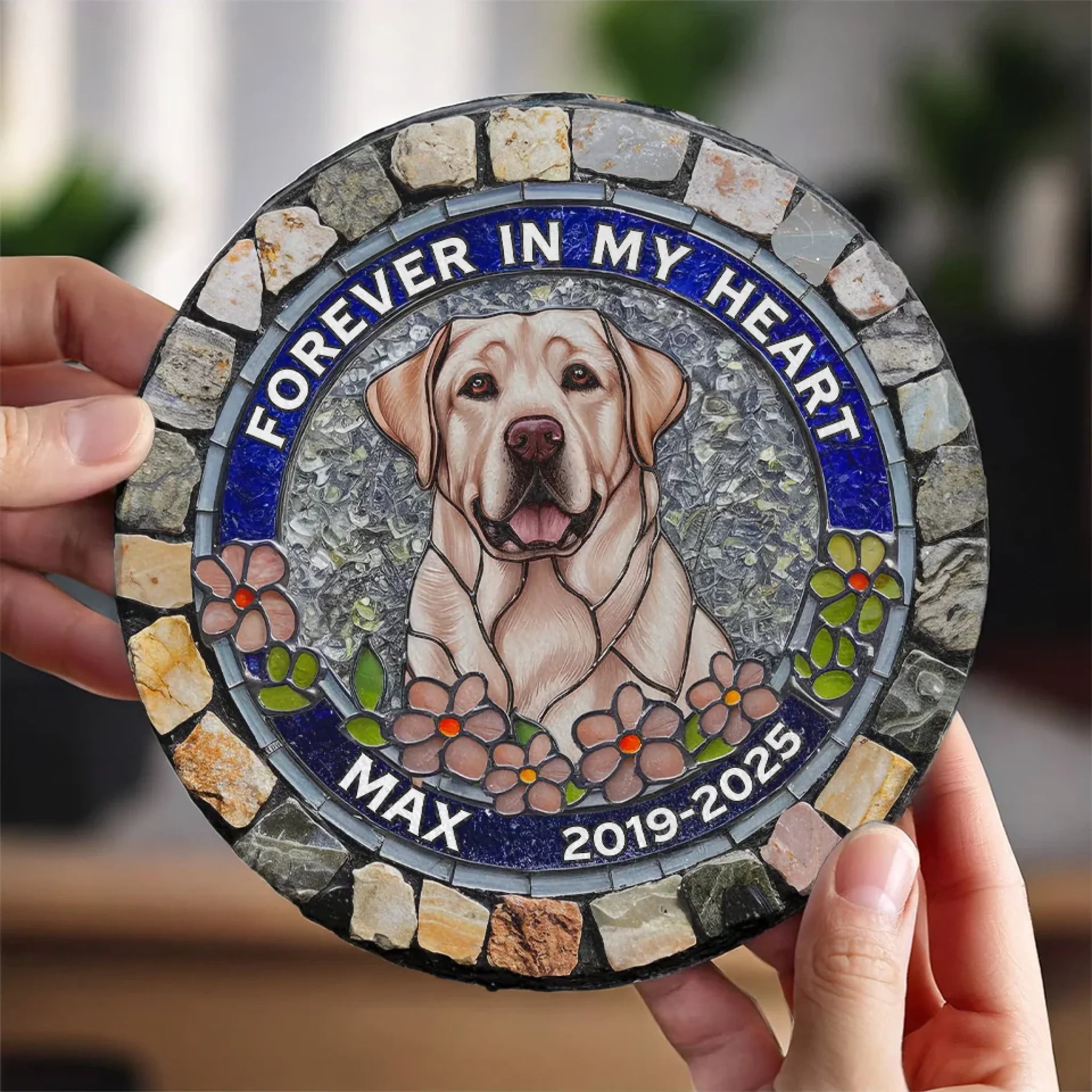 Custom Photo Forever Loved, Never Forgotten - Memorial Personalized Custom 3D Mosaic Faux Stained Glass Print Round Shaped Memorial Stone - Sympathy Gift For Pet Owners, Pet Lovers