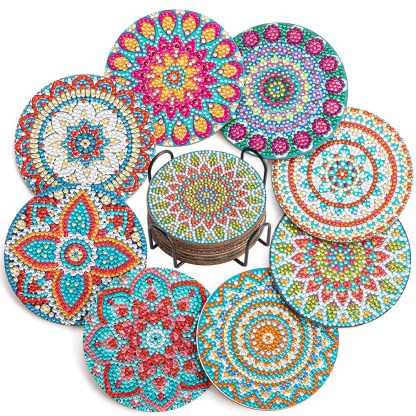 8pcs DIY Diamond Painting Coaster Mandala Wooden Cup Coaster