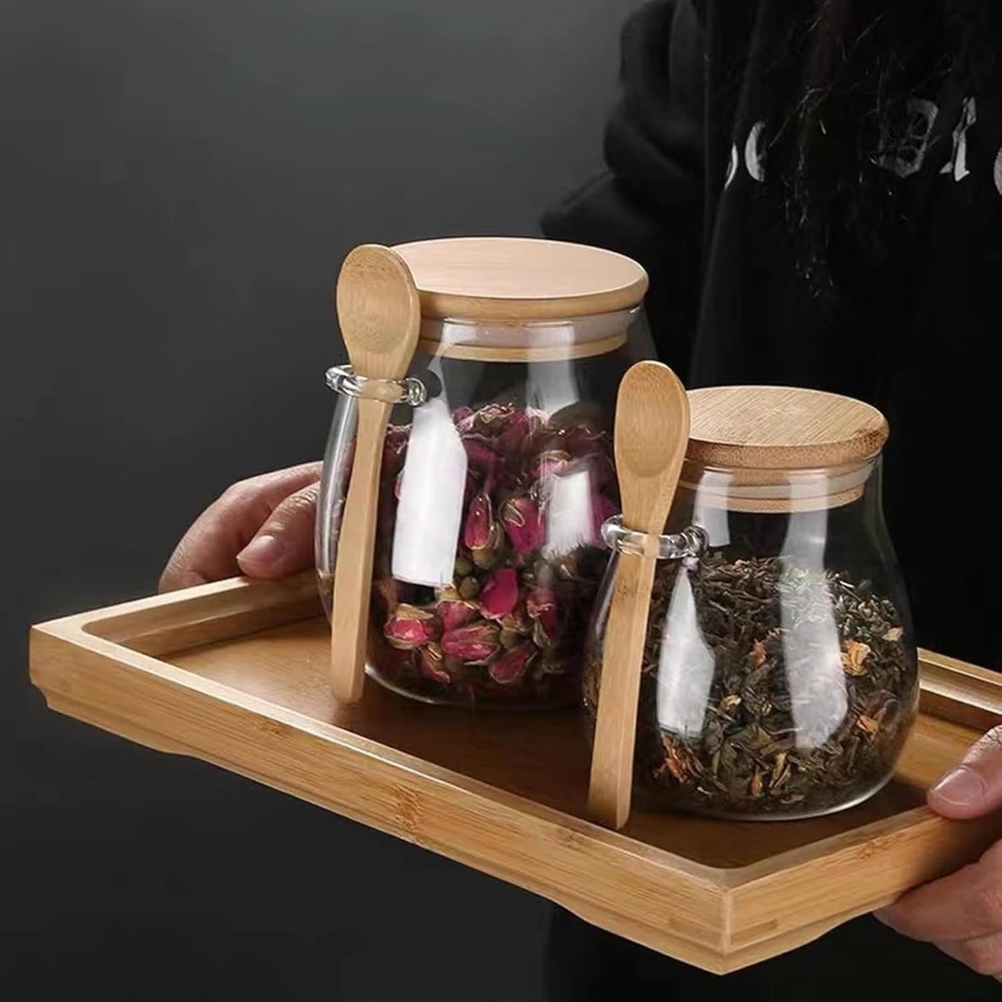 Sealed Glass Storage Jar with Bamboo Lid, Leak-Proof, Wide Mouth Design, Spoon Included 🍶🌿