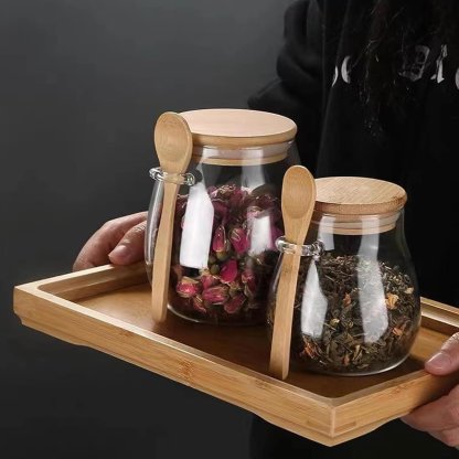 Sealed Glass Storage Jar with Bamboo Lid, Leak-Proof, Wide Mouth Design, Spoon Included 🍶🌿