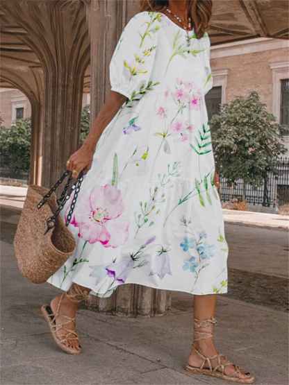Loose Type Stylish Floral Print Short Sleeve Dress
