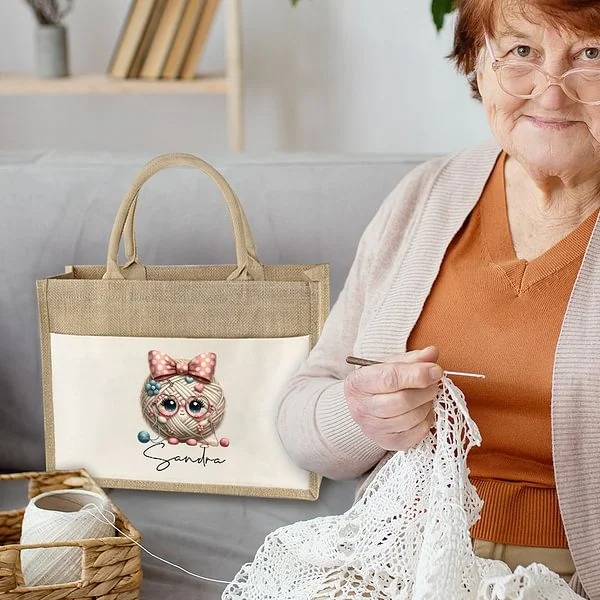 Personalized Cute Bow Cartoon Crochet Pattern Large Jute Tote Bag with Name Travel Accessories Birthday Holiday Gift for Knitting Lovers Women