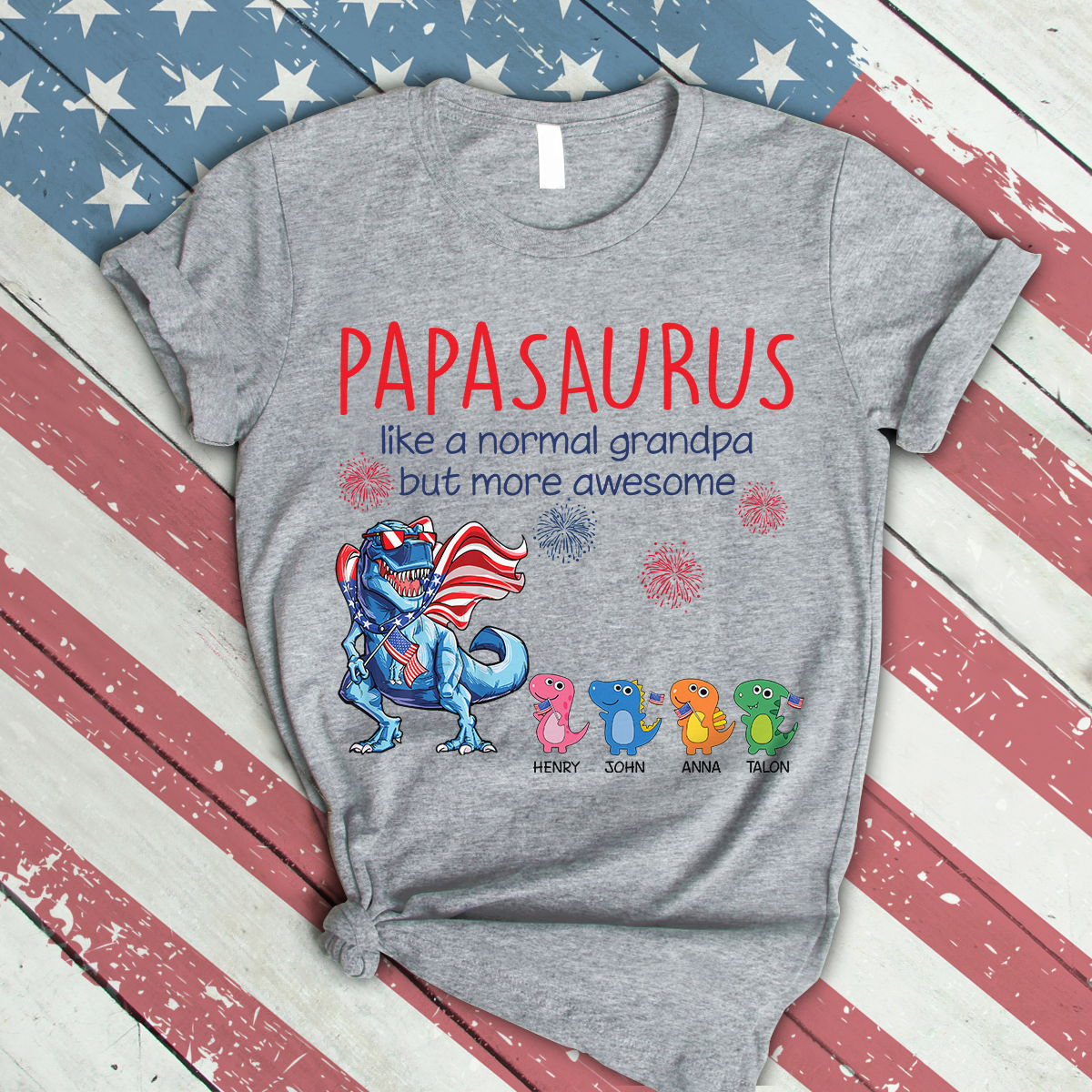 Personalized Shirt, 4th Of July, Papasaurus Shirt, Independence Day, American Flag, Customized Names with Grandkids