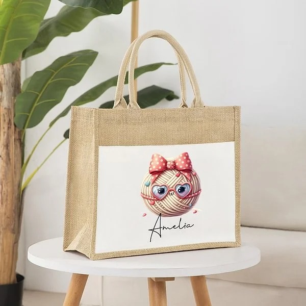 Personalized Cute Bow Cartoon Crochet Pattern Large Jute Tote Bag with Name Travel Accessories Birthday Holiday Gift for Knitting Lovers Women