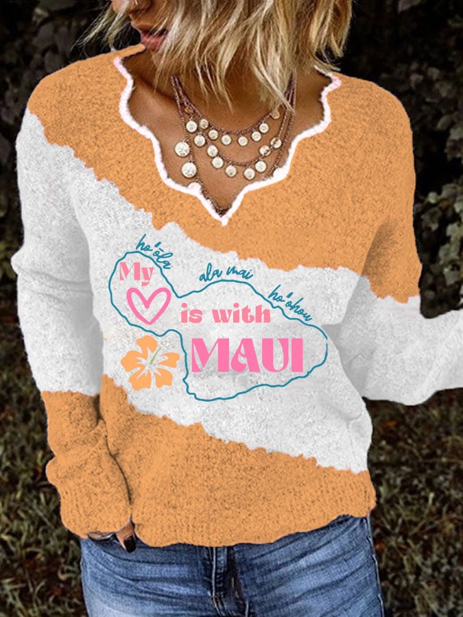 Women's Maui Strong My Heart Is With Maui Print Long Sleeve Knitwear