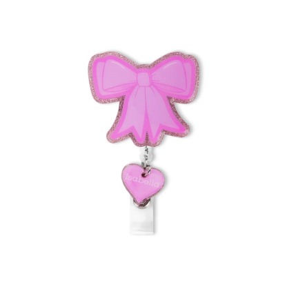 Personalized Pink Glitter Coquette Bow Heart Badge Reel with Name and Text Gift