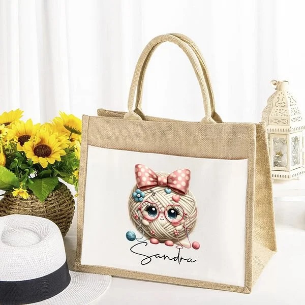 Personalized Cute Bow Cartoon Crochet Pattern Large Jute Tote Bag with Name Travel Accessories Birthday Holiday Gift for Knitting Lovers Women