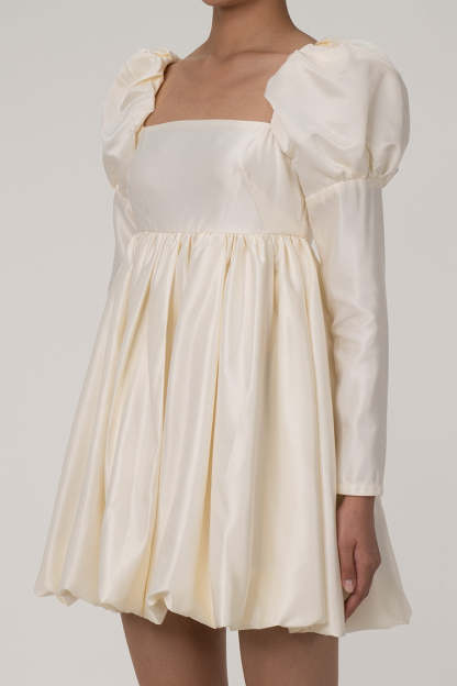 Silky Satin Square Neck Puff Sleeve Babydoll Mini Dress - Beige