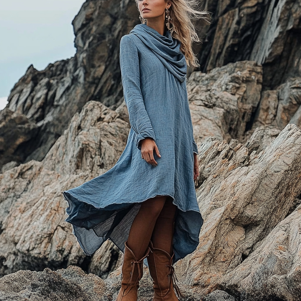 Bohemian Irregular Hem Pile Collar Linen Dress