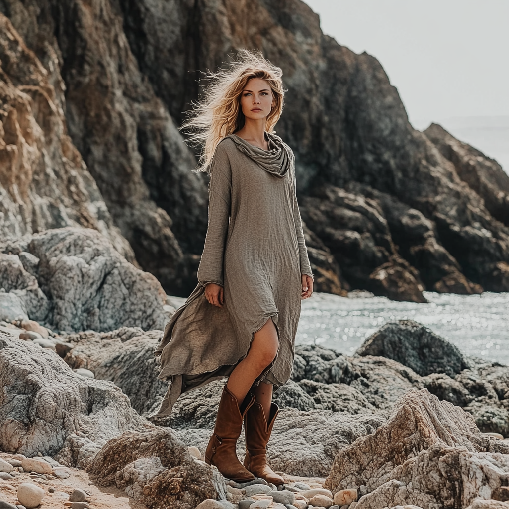 Bohemian Irregular Hem Pile Collar Linen Dress
