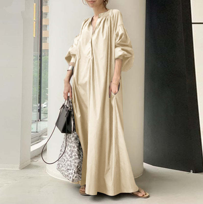 Cotton Linen Stand Collar Long Loose Fashion Casual Lantern Sleeves Swing Dress