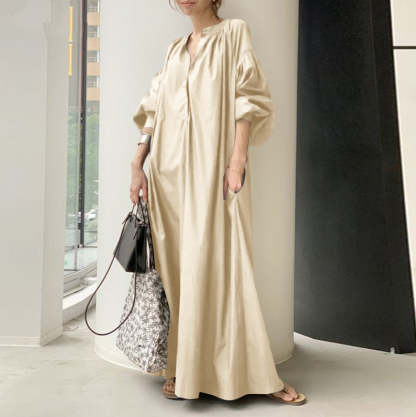 Cotton Linen Stand Collar Long Loose Fashion Casual Lantern Sleeves Swing Dress