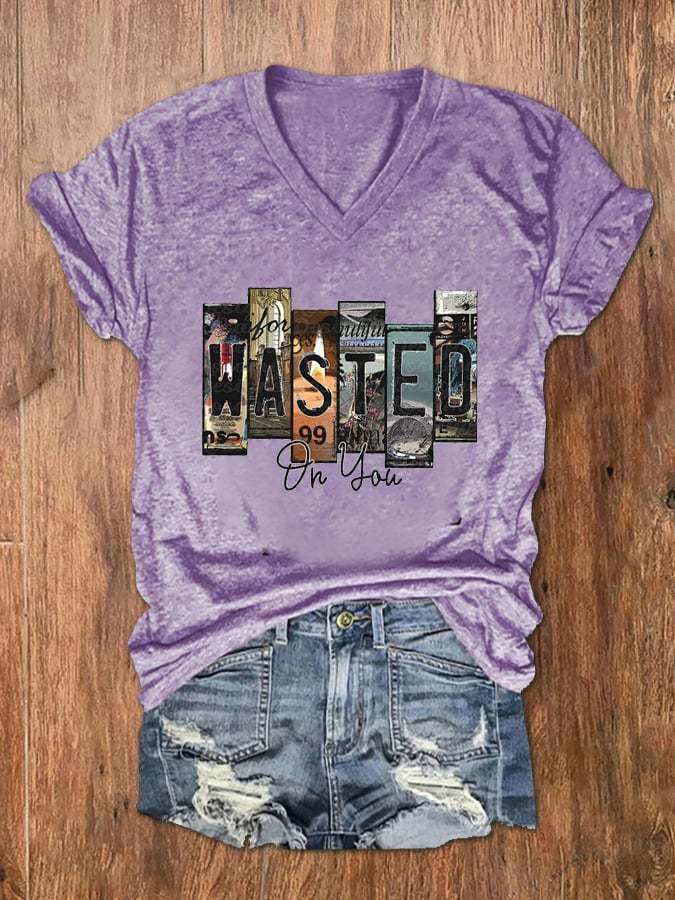 Women's Wallen Wasted On You Print V-Neck Basic T-Shirt