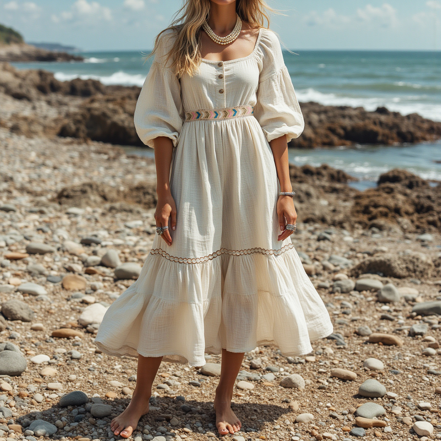 Women's Casual Vacation Seaside Cotton And Linen Puff Sleeve Long Dress