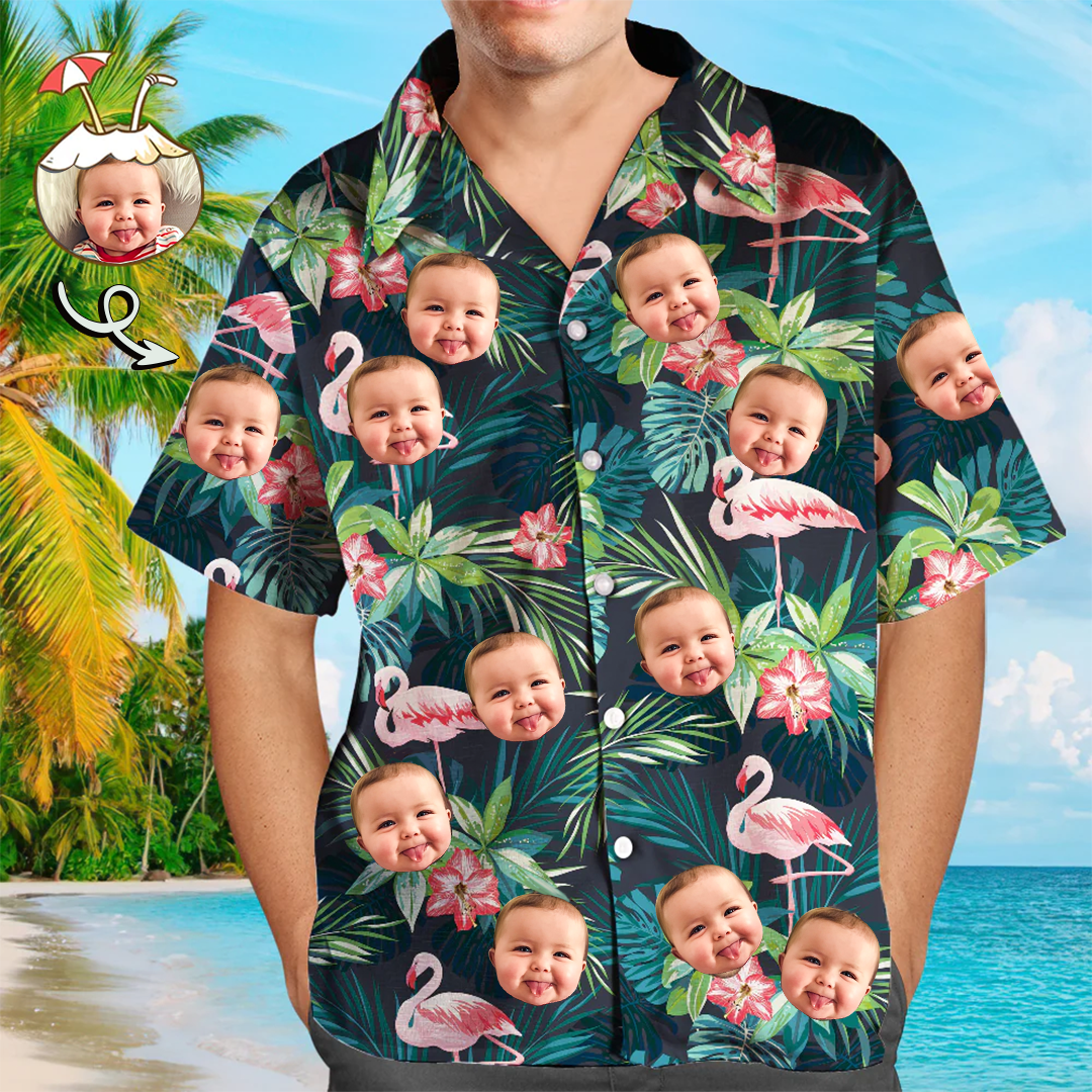 Custom Face All Over Print Hawaiian Shirt Flamingo Flowers And Leaves