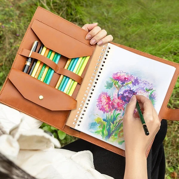 Personalized Birth Flower Name Cartoon A5 Sketchbook Notebook Leather Cover with Storage Pocket Birthday Family Gift for Students Officer Workers