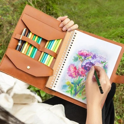 Personalized Birth Flower Name Cartoon A5 Sketchbook Notebook Leather Cover with Storage Pocket Birthday Family Gift for Students Officer Workers