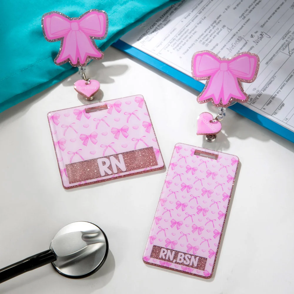 Personalized Pink Glitter Coquette Bow Heart Badge Reel with Name and Text Gift