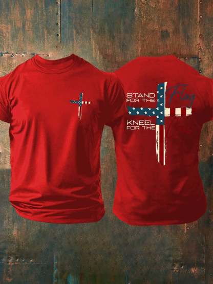 Men's Stand For The Flag Kneel For The Cross Printed Casual T-Shirt