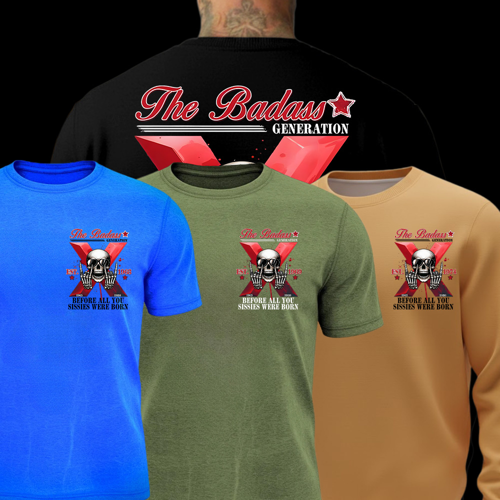 The Badass Generation X Skull  Unisex T-shirt, Custom Est, Gen X 1965-1980 Fabric Fit Top Casual Fashion