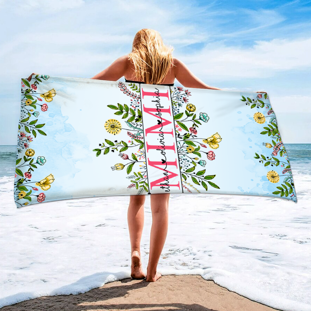 Personalized Summer Beach Towels, Flowers Gifts for Mimi and Custom Kids , Summer Beach Towels