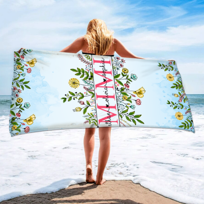 Personalized Summer Beach Towels, Flowers Gifts for Mimi and Custom Kids , Summer Beach Towels