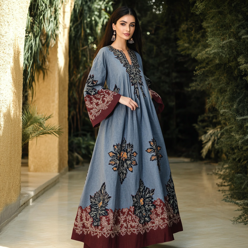 Women's Middle Eastern Floral Print Contrast Color Stitching Temperament Four Seasons Robe Dress