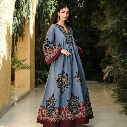 Women's Middle Eastern Floral Print Contrast Color Stitching Temperament Four Seasons Robe Dress