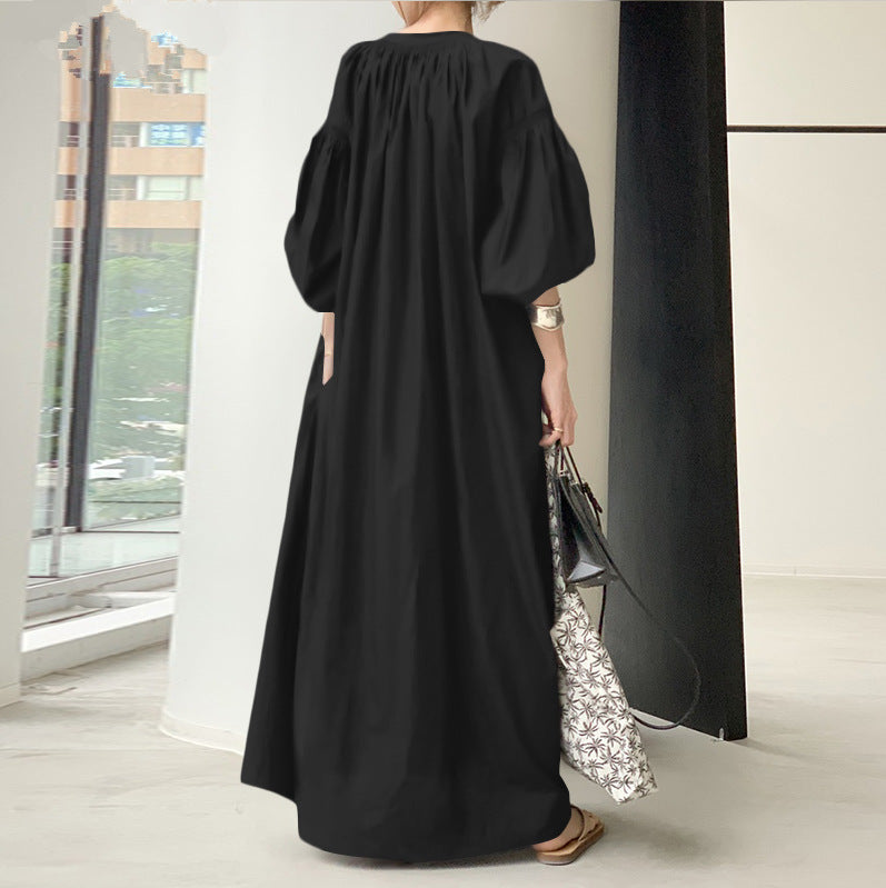 Cotton Linen Stand Collar Long Loose Fashion Casual Lantern Sleeves Swing Dress