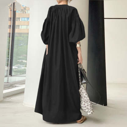 Cotton Linen Stand Collar Long Loose Fashion Casual Lantern Sleeves Swing Dress