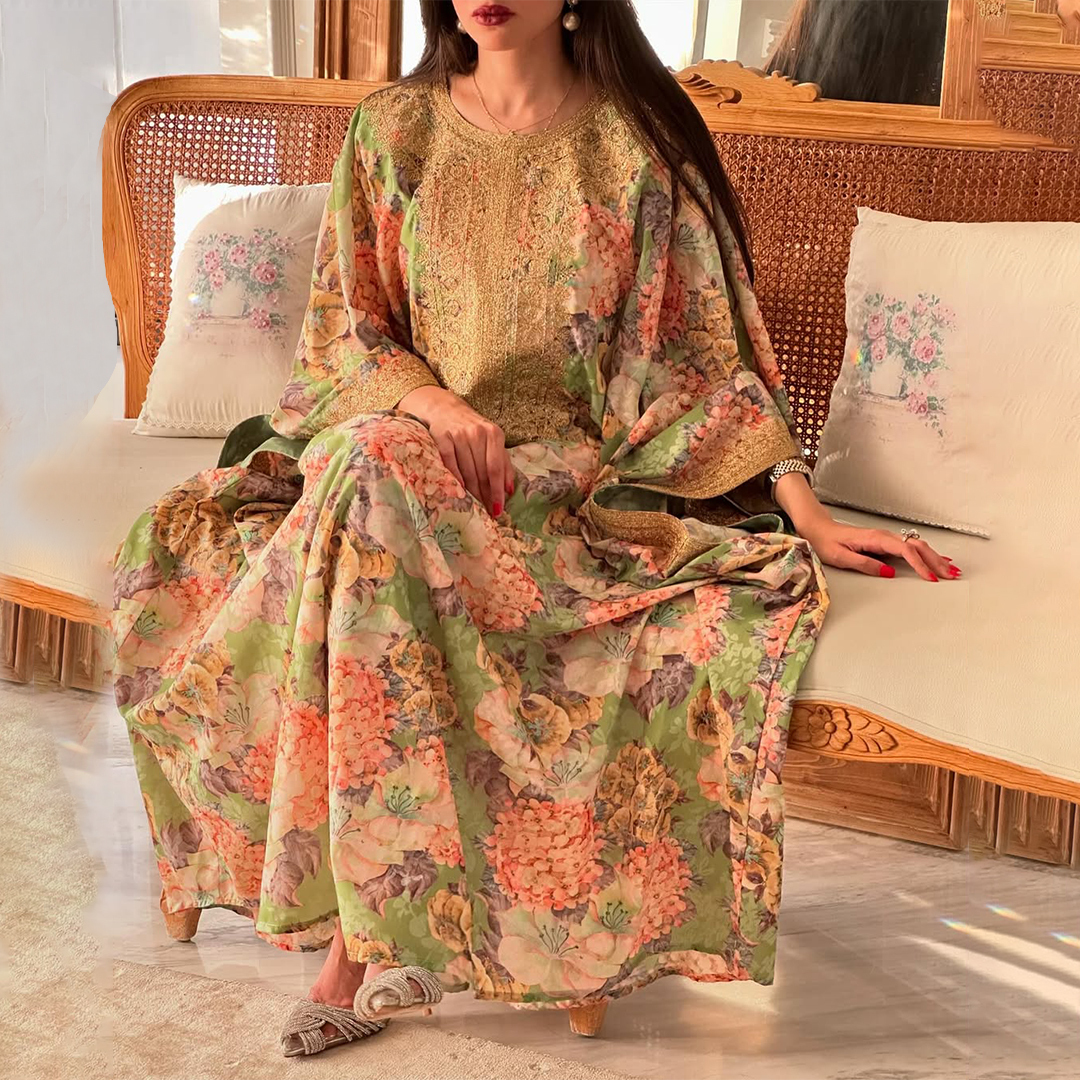 Womens Middle Eastern Vintage Floral Art Jalabiyas Dress