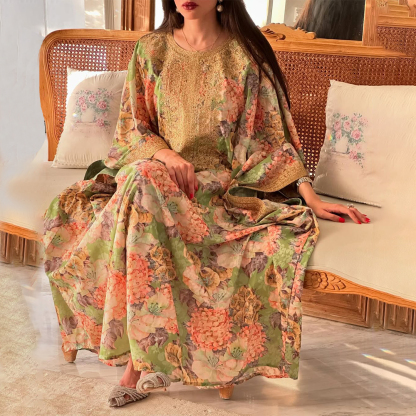 Womens Middle Eastern Vintage Floral Art Jalabiyas Dress