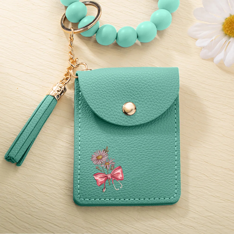 Personalized Birth Flower Bow-knot Stethoscope Tassel Keychain Wristlet Leather Wallet  Gift
