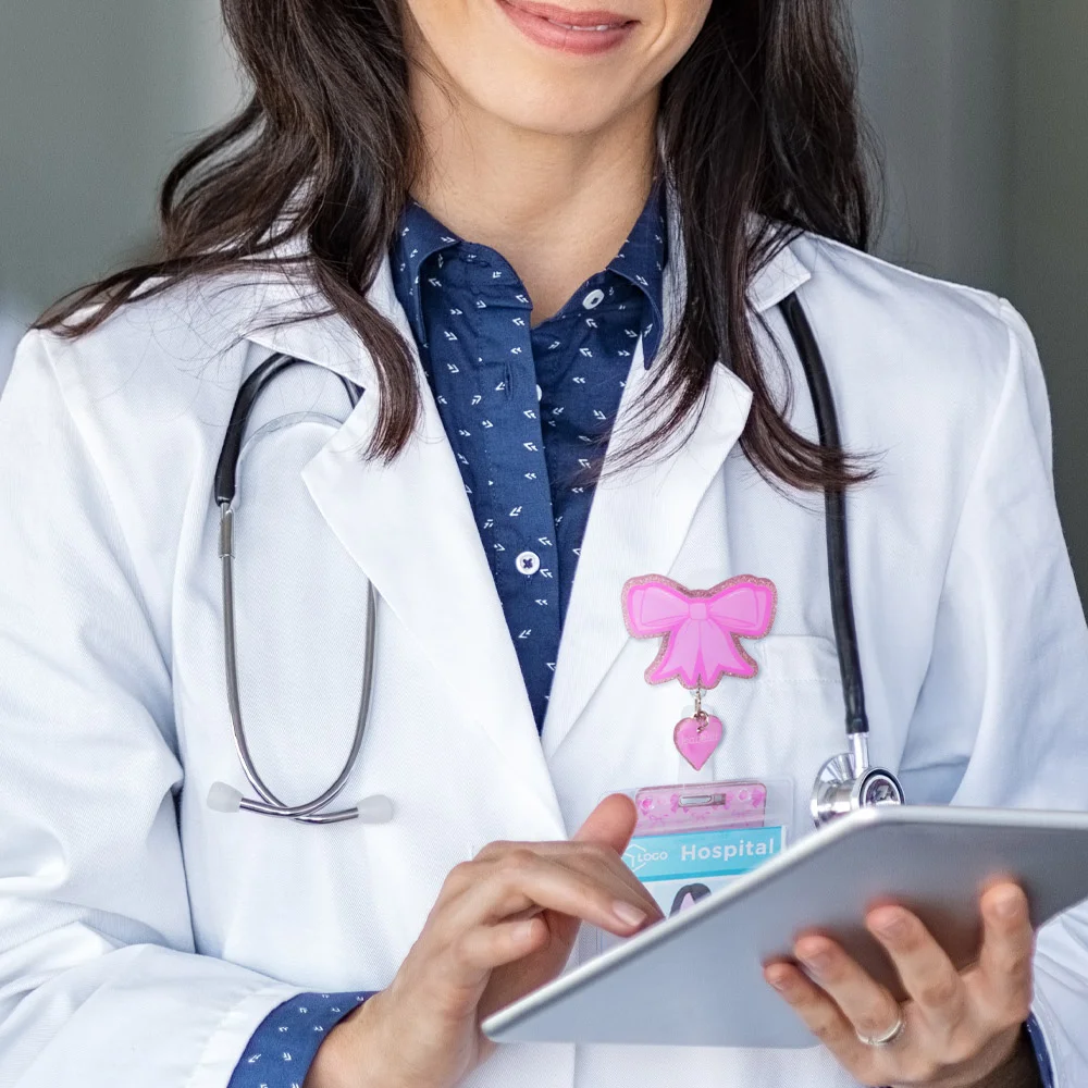 Personalized Pink Glitter Coquette Bow Heart Badge Reel with Name and Text Gift