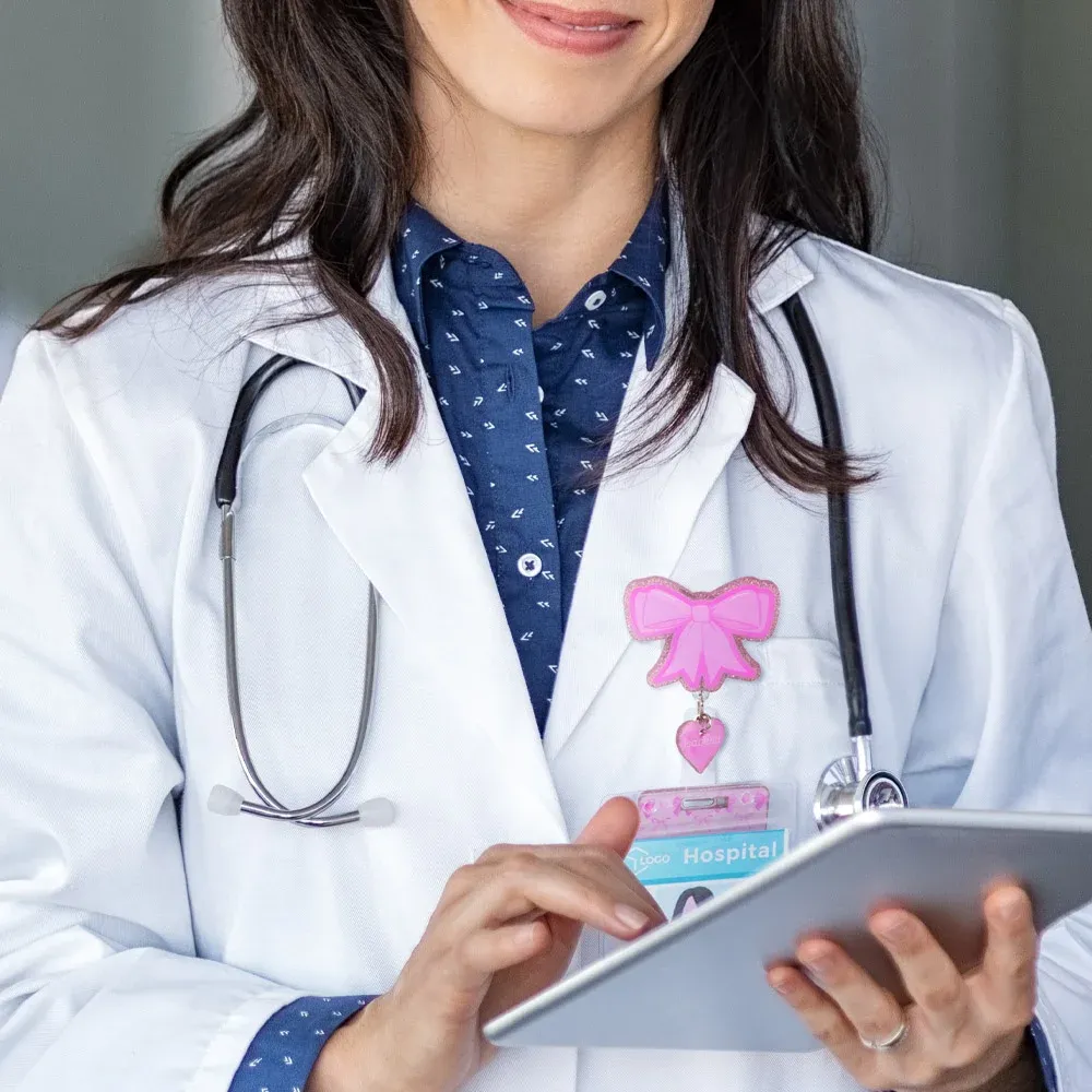 Personalized Pink Glitter Coquette Bow Heart Badge Reel with Name and Text Gift