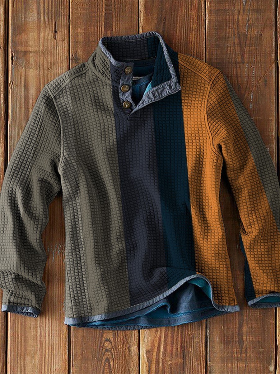 Men's Simple Color Matching Art Waffle Long Sleeve Casual Top