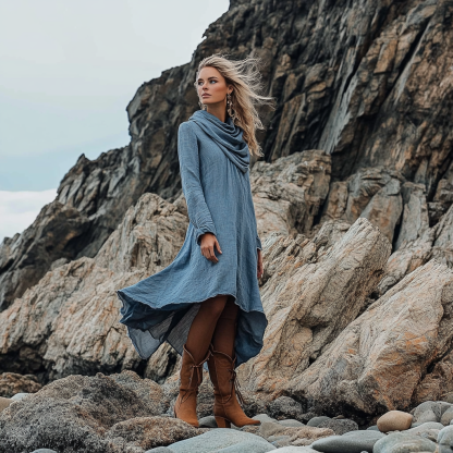 Bohemian Irregular Hem Pile Collar Linen Dress
