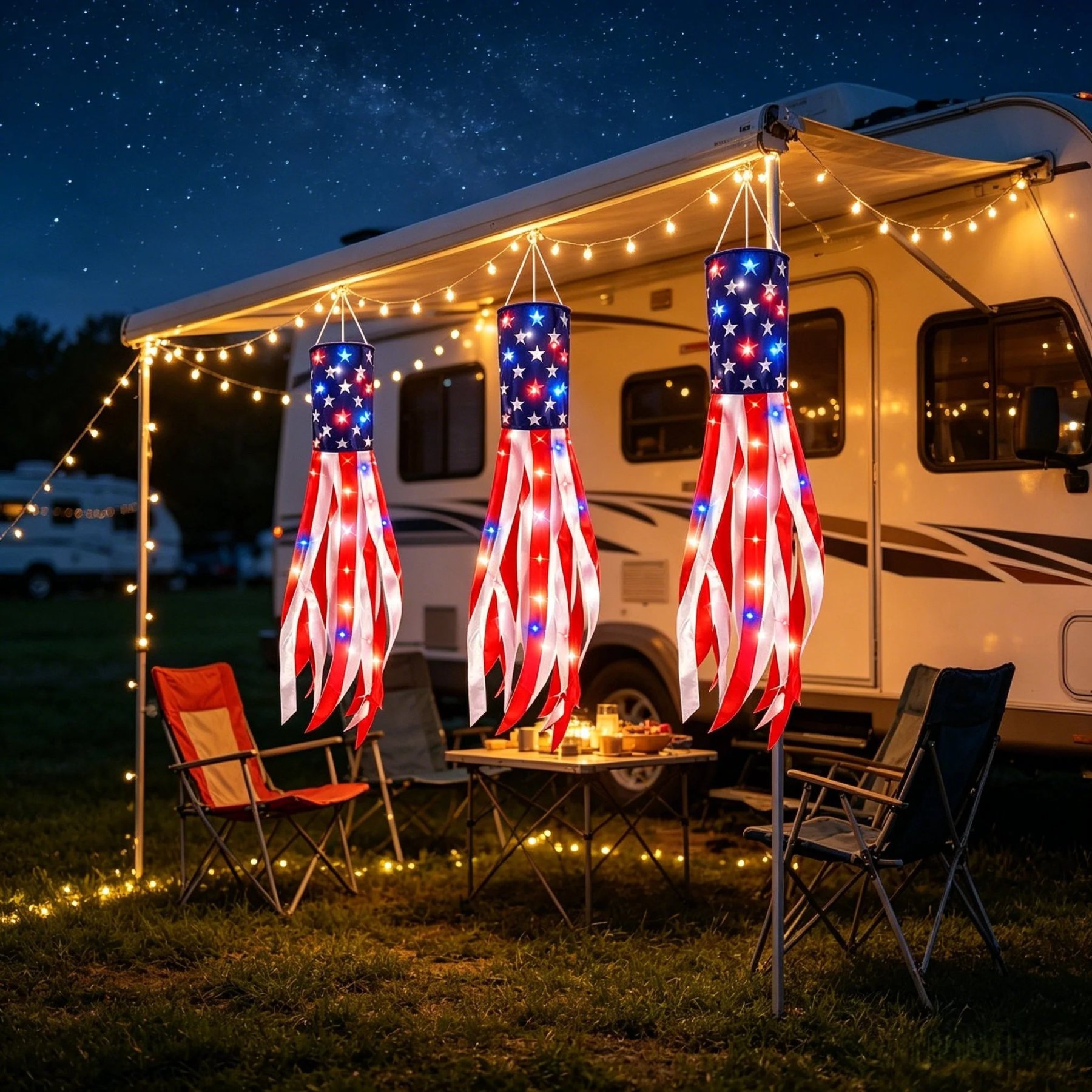 💈💈3 Pack 50 Inch Large American Flag Windsocks with Red White Blue Lights