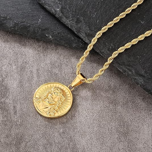 Coin Pendant Medallion Necklace, Jesus/St. Christopher/Cross Circle Gold Vintage Coin Necklace For Men, 2.5mm, 22in