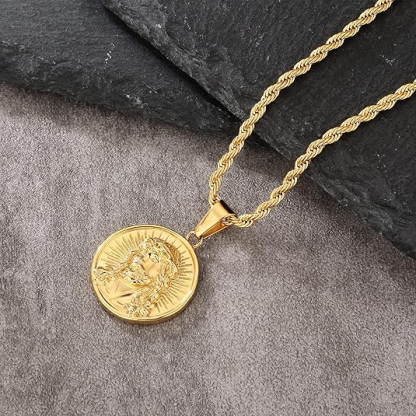 Coin Pendant Medallion Necklace, Jesus/St. Christopher/Cross Circle Gold Vintage Coin Necklace For Men, 2.5mm, 22in