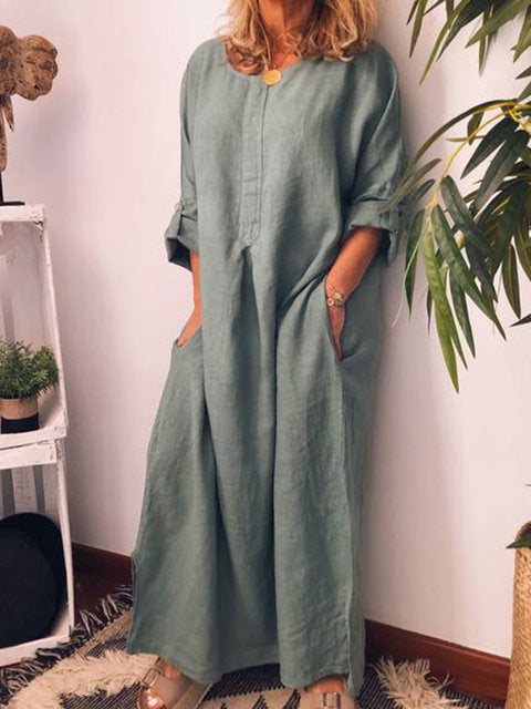 women's cotton and linen solid color loose dress