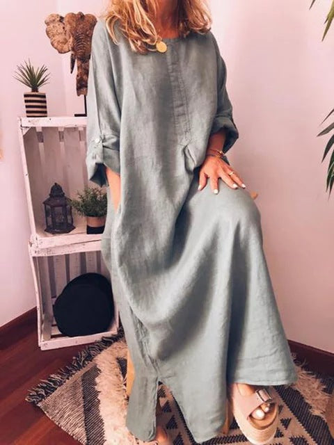 women's cotton and linen solid color loose dress