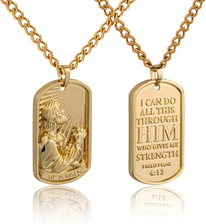 Jesus Necklace for Men – with Image of Jesus Praying & Philippians 4:13 (NIV) Celebrate His Resurrection