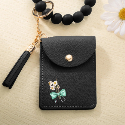 Personalized Birth Flower Bow-knot Stethoscope Tassel Keychain Wristlet Leather Wallet  Gift