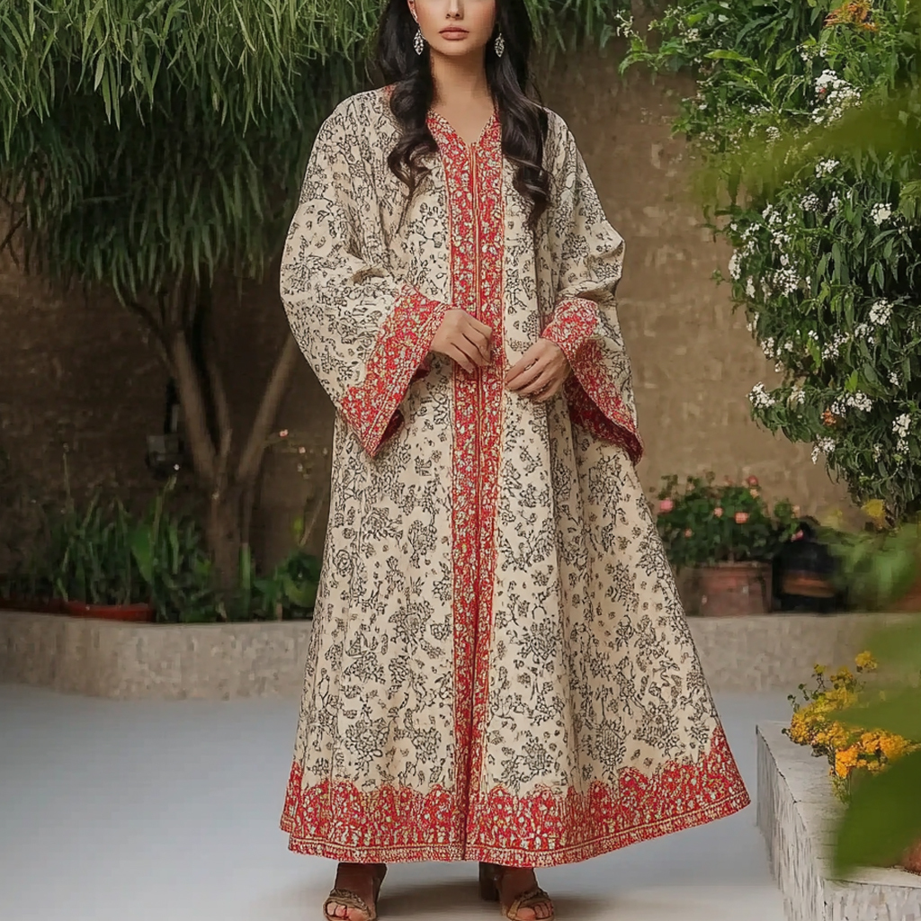 Women's Middle Eastern Floral Print Contrast Color Stitching Temperament Four Seasons Robe Dress