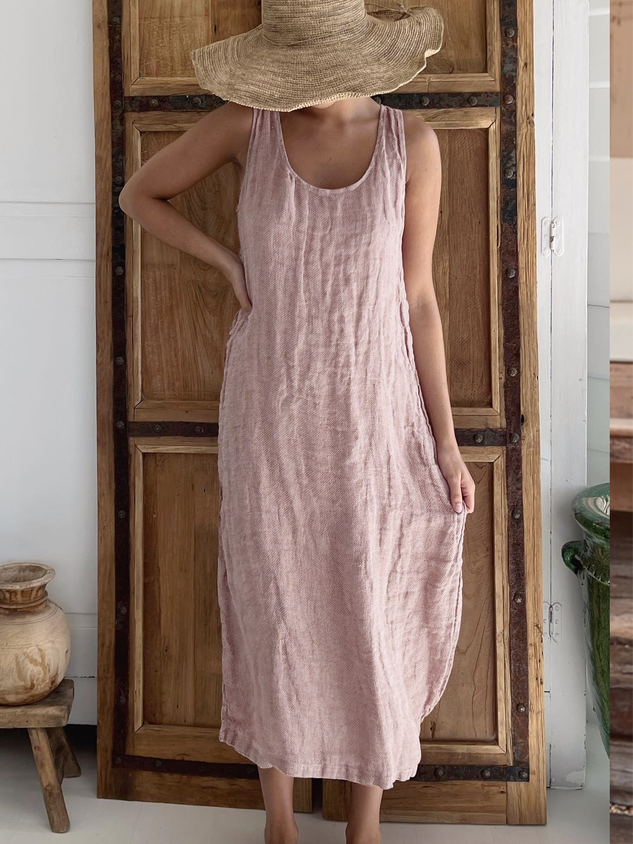 Sleeveless Crew Neck Plain Summer Vacation Cotton And Linen Casual Loose Dress