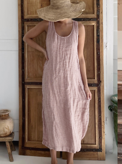 Sleeveless Crew Neck Plain Summer Vacation Cotton And Linen Casual Loose Dress